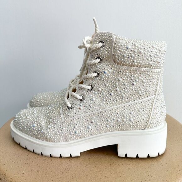 Betsey Johnson Women’s White Pearl Rhinestone Lace Up Hudson Combat Boot - Picture 8 of 9
